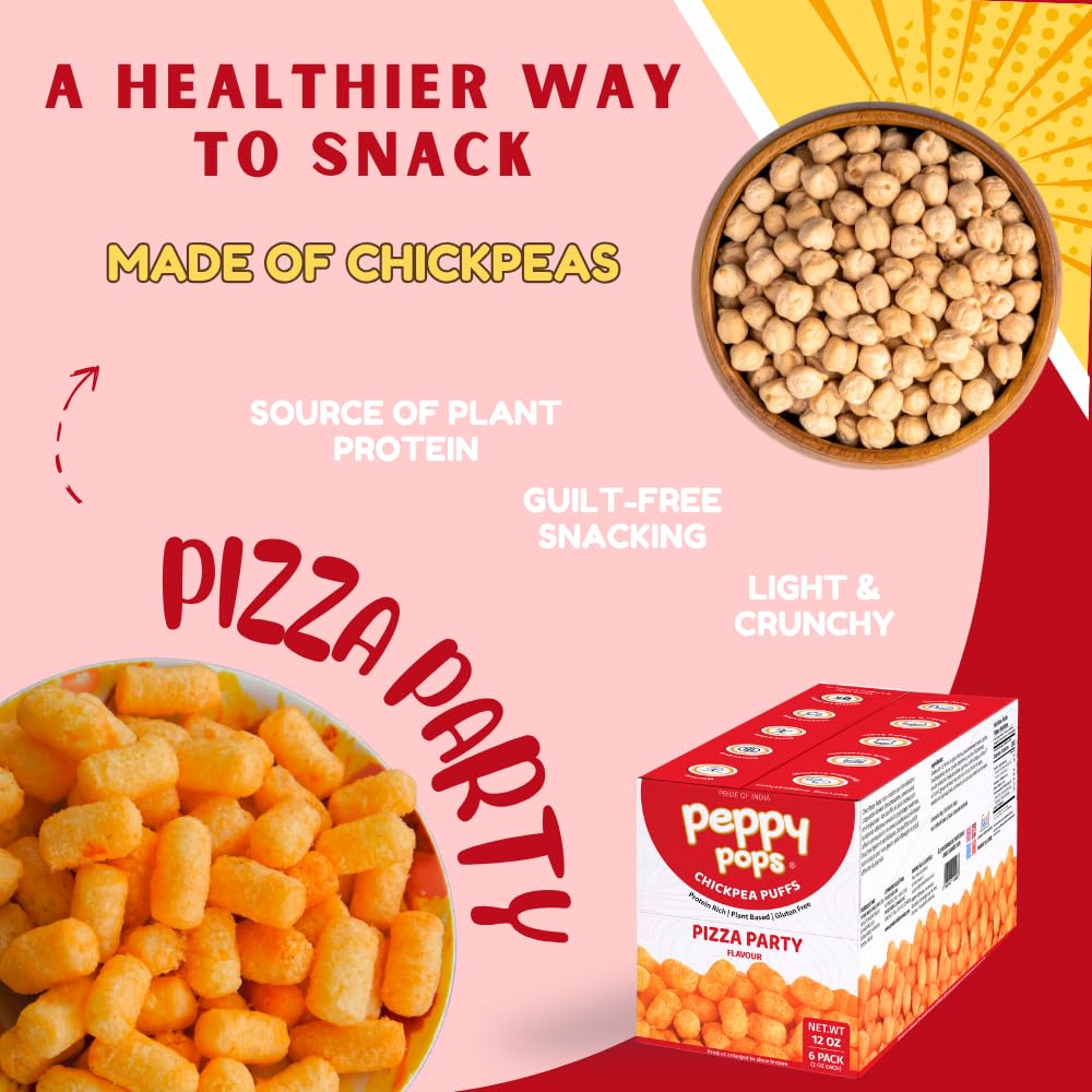 Six pack of Peppy Pops pizza flavor high protein chickpea puffs in 2 oz bags — view 3