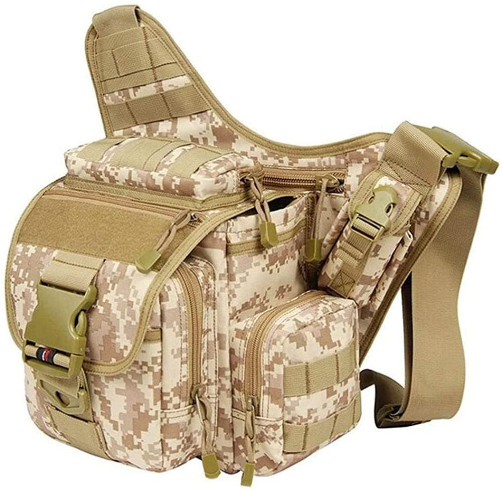 Tactical outdoor camera bag in waterproof 1000D nylon featuring crossbody messenger strap and MOLLE webbing