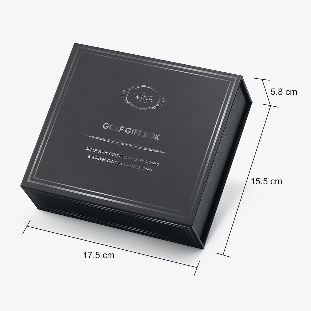 Four glass golf ball whiskey chillers with stainless steel tongs inside a premium cotton lined box — view 3