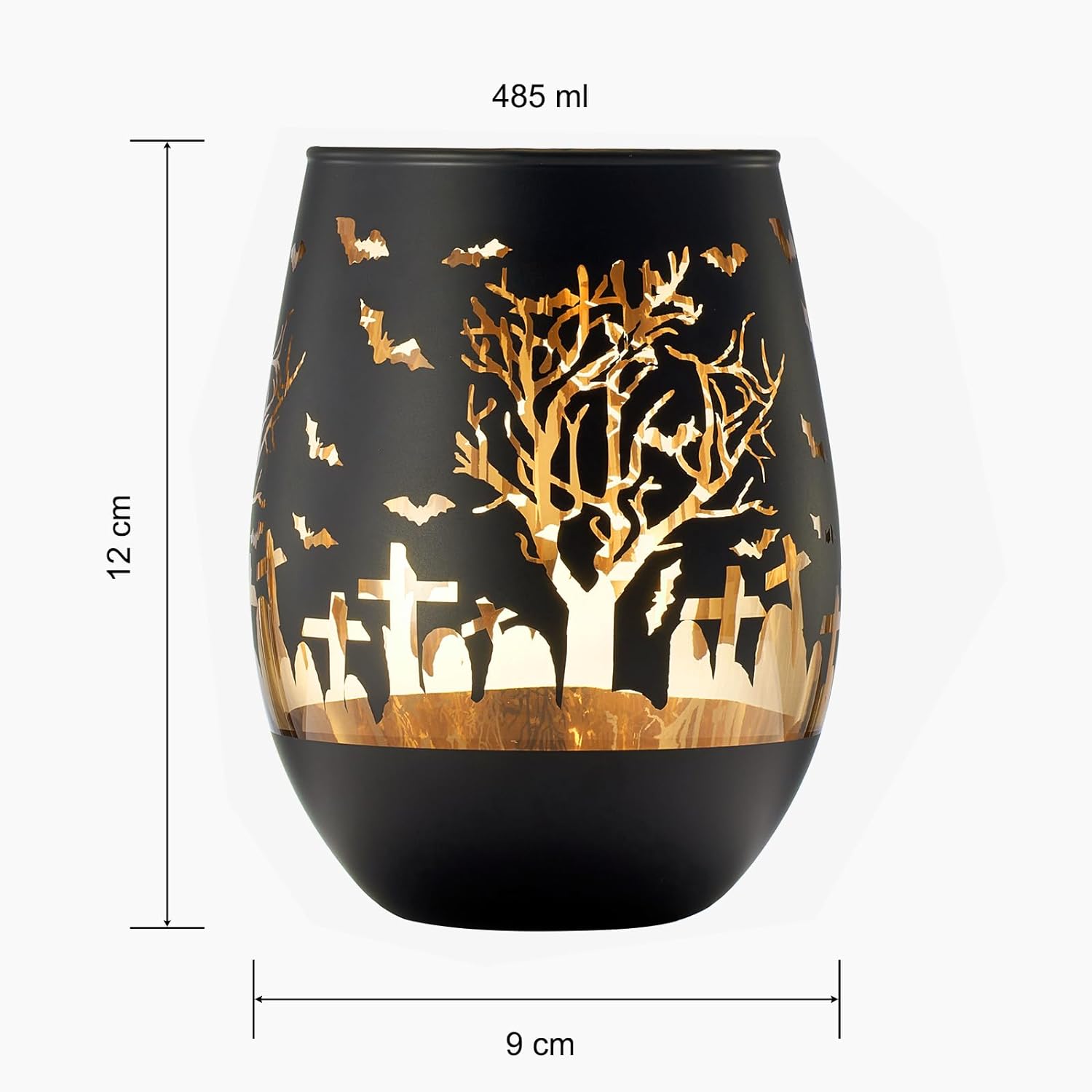 Set of two frosted black stemless wine glasses with gold interiors and spooky graveyard silhouettes — view 5