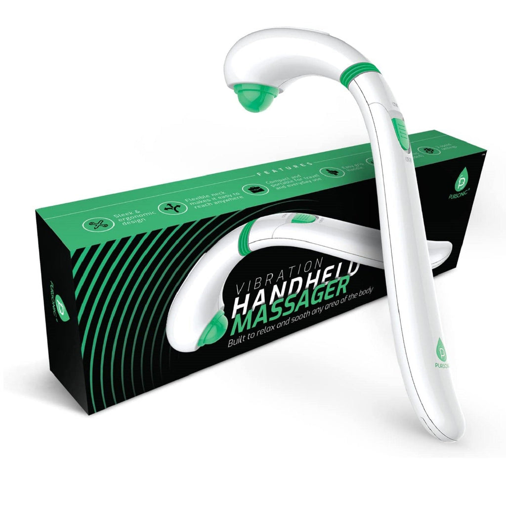 White portable handheld massager with ergonomic curved handle and dual speed control settings