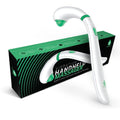 White portable handheld massager with ergonomic curved handle and dual speed control settings