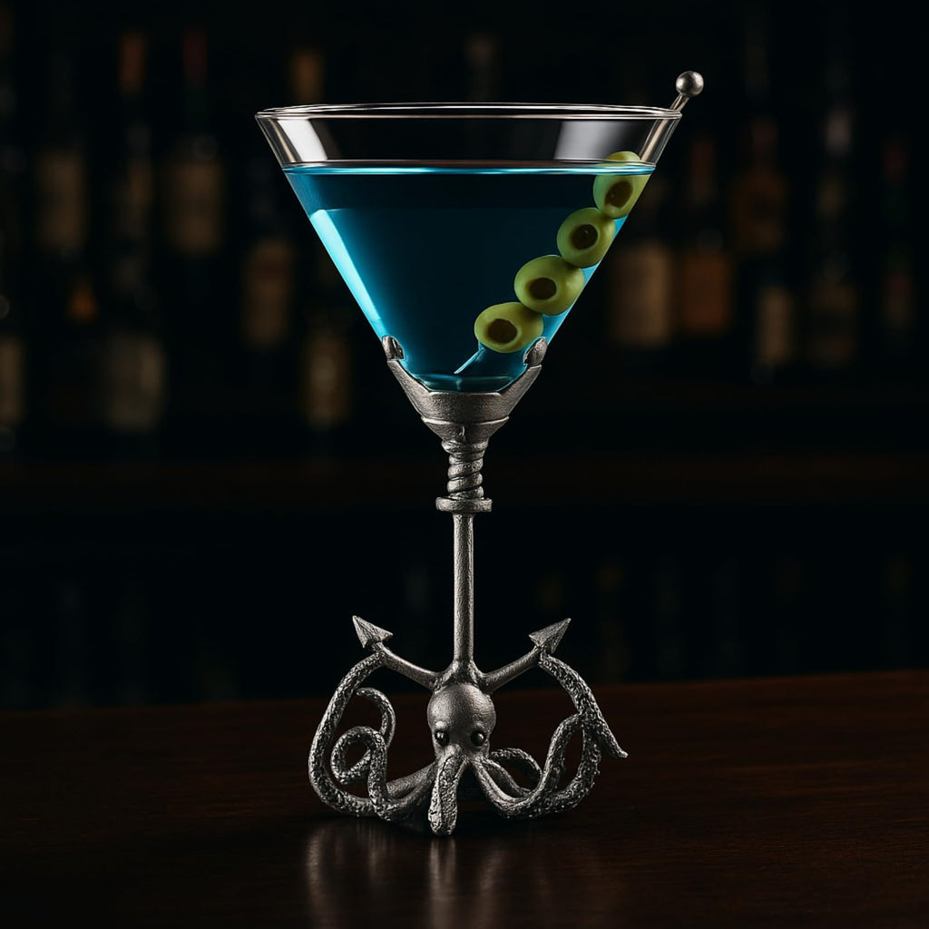 Kraken octopus martini glass with sculpted pewter anchor base and clear glass cocktail bowl. — view 2