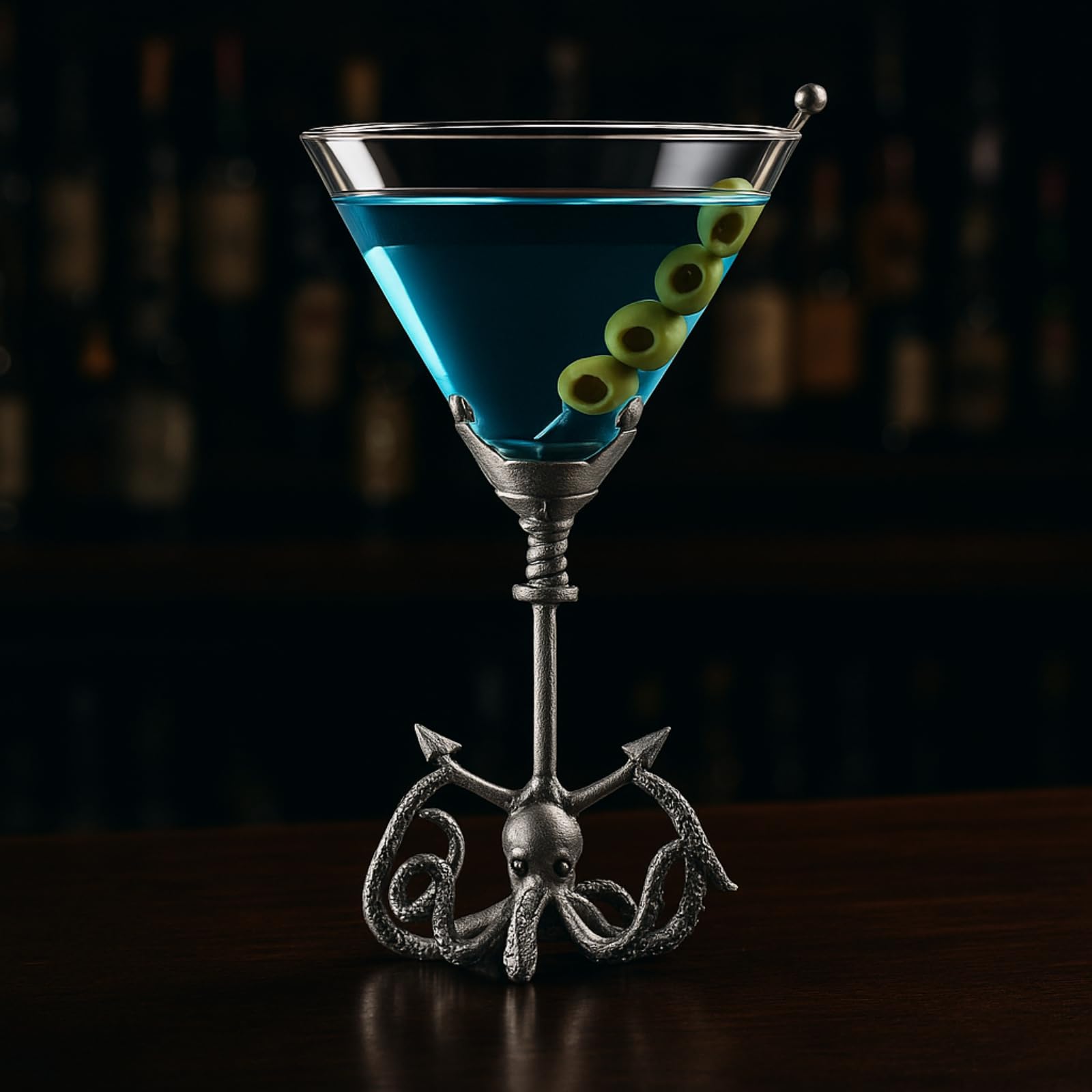 Kraken octopus martini glass with sculpted pewter anchor base and clear glass cocktail bowl. — view 2