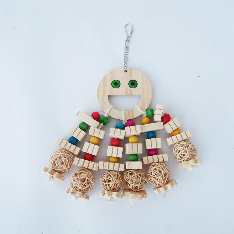 Natural wood parrot toy set featuring bite-resistant textures and shapes for bird cages