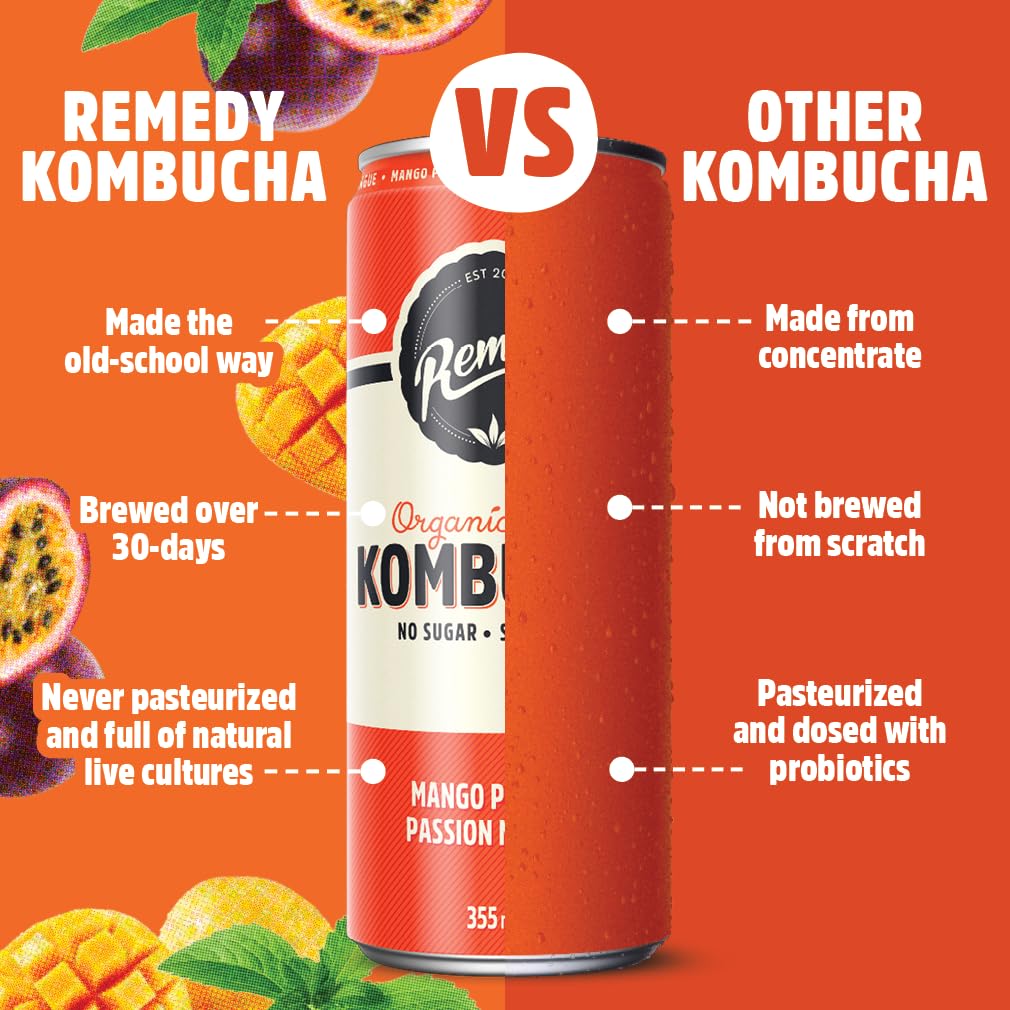 Remedy Mango Passion kombucha pack of twenty four vibrant yellow and orange printed aluminum beverage cans — view 5