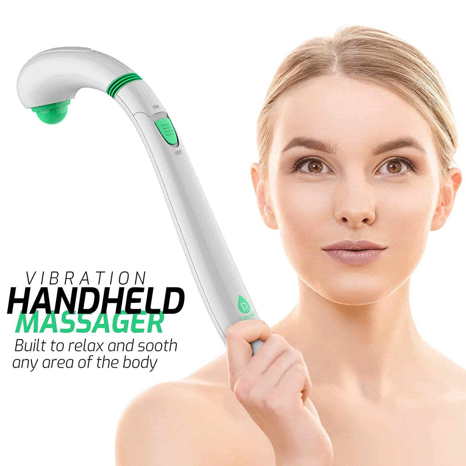 White portable handheld massager with ergonomic curved handle and dual speed control settings — view 2
