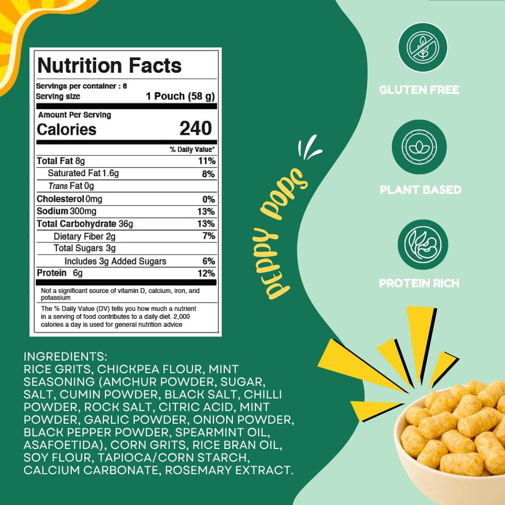 Six pack of Peppy Pops chickpea puffs in cool zest mint flavor snack bags — view 2