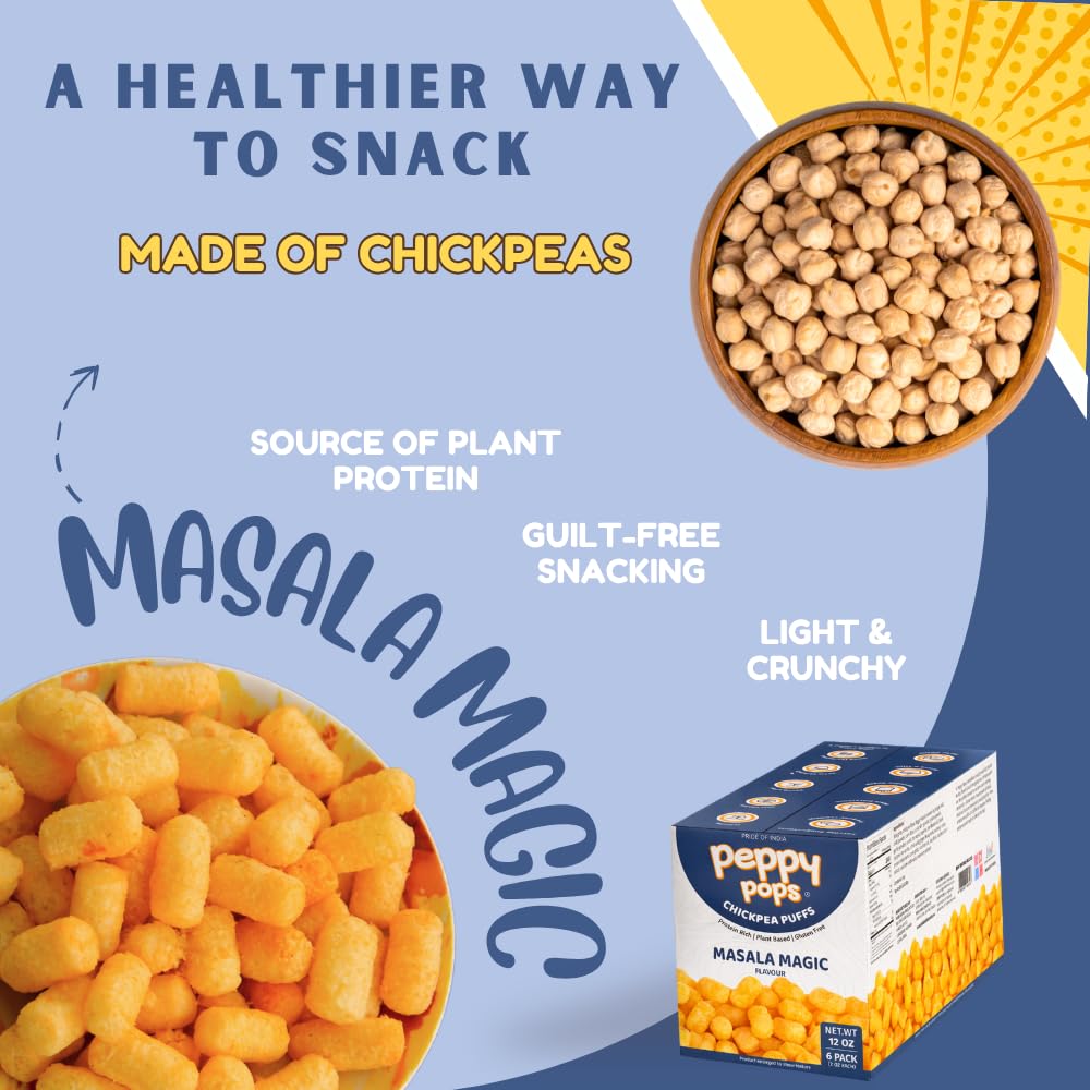 Peppy Pops Masala Magic chickpea puffs in six bright orange 2oz snack bags — view 3