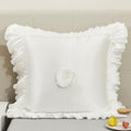 Pearl white vintage ruffled faux silk satin Euro pillow sham with delicate floral embellishments