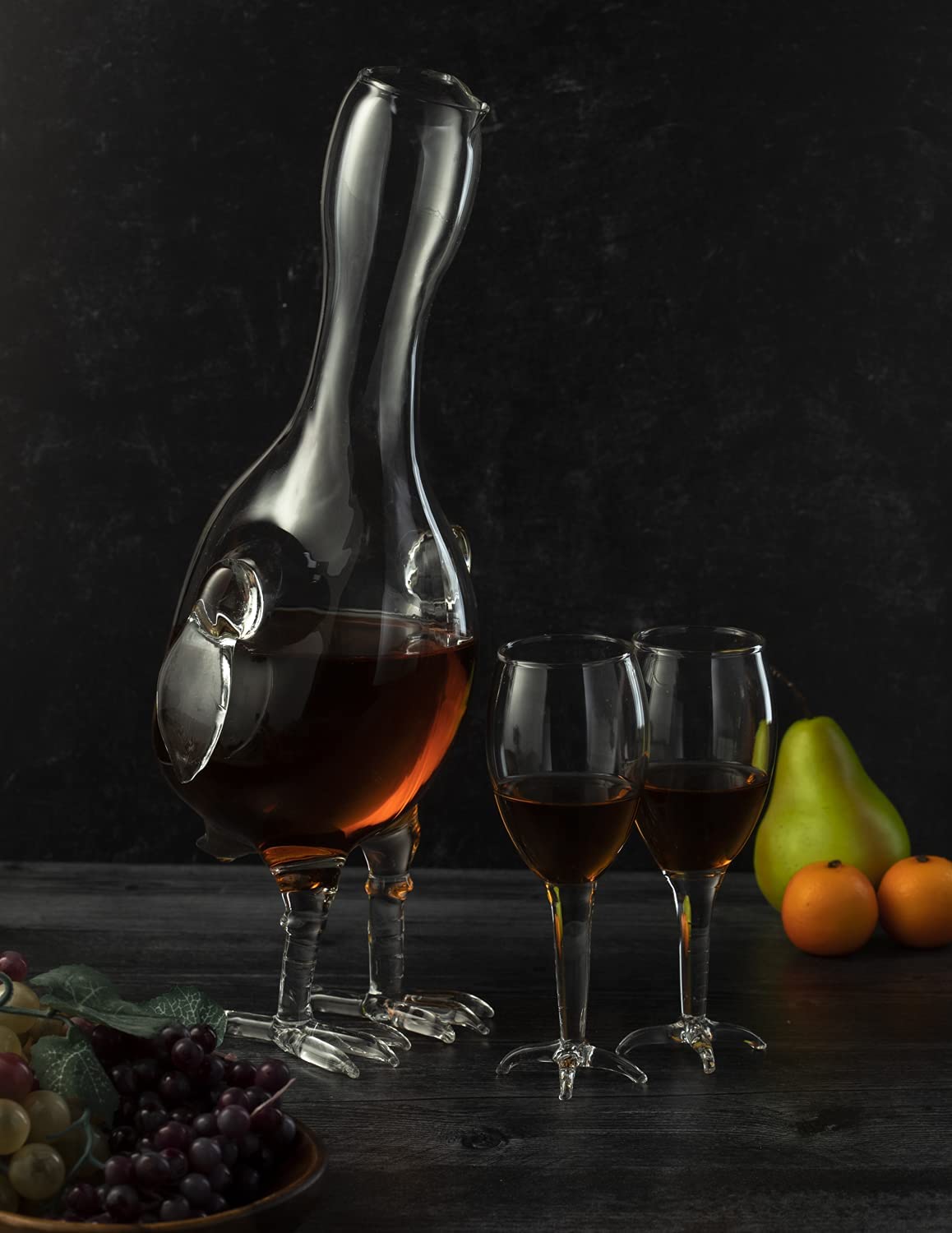 Handblown clear glass rooster shaped whiskey decanter set with colored accents, 500ml capacity — view 2