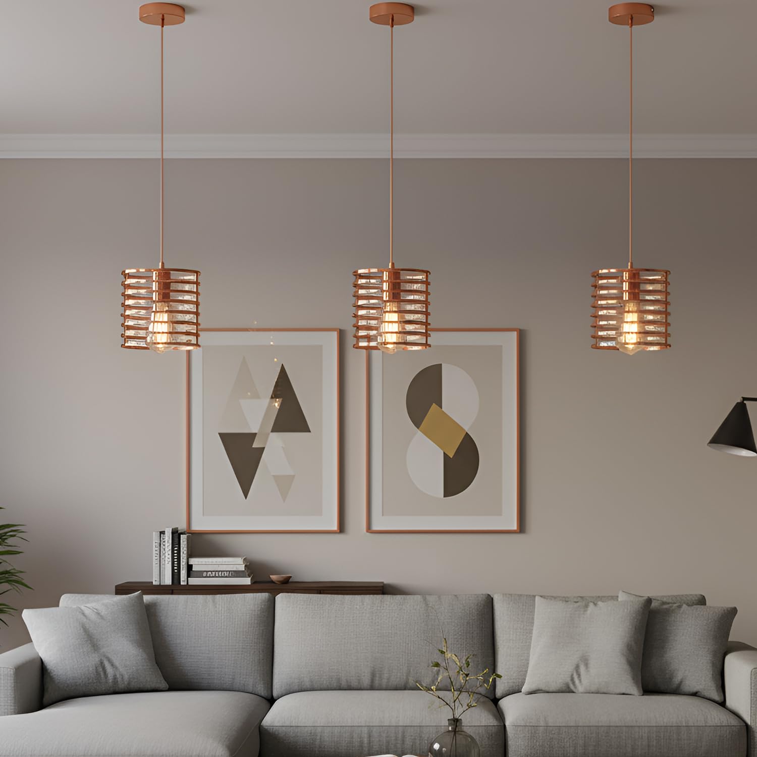 Rose gold pendant light with industrial metal wire cage lampshade and adjustable hanging cable — view 4