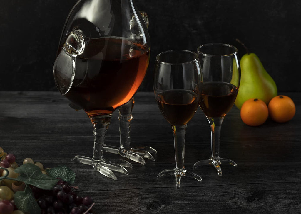 Handblown clear glass rooster shaped whiskey decanter set with colored accents, 500ml capacity — view 3