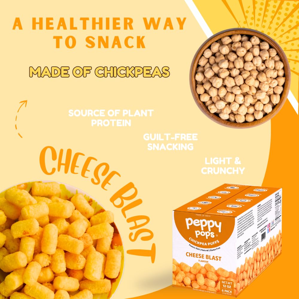 Peppy Pops Cheese Blast chickpea puffs six pack of two ounce bags in vibrant packaging — view 3
