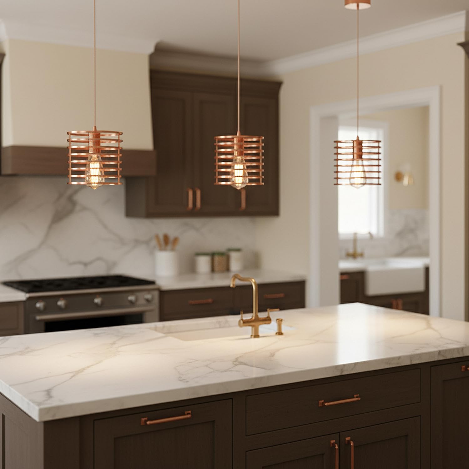 Rose gold pendant light with industrial metal wire cage lampshade and adjustable hanging cable — view 3