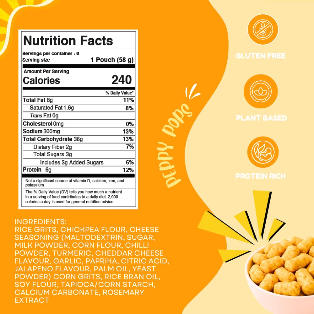 Peppy Pops Cheese Blast chickpea puffs six pack of two ounce bags in vibrant packaging — view 2