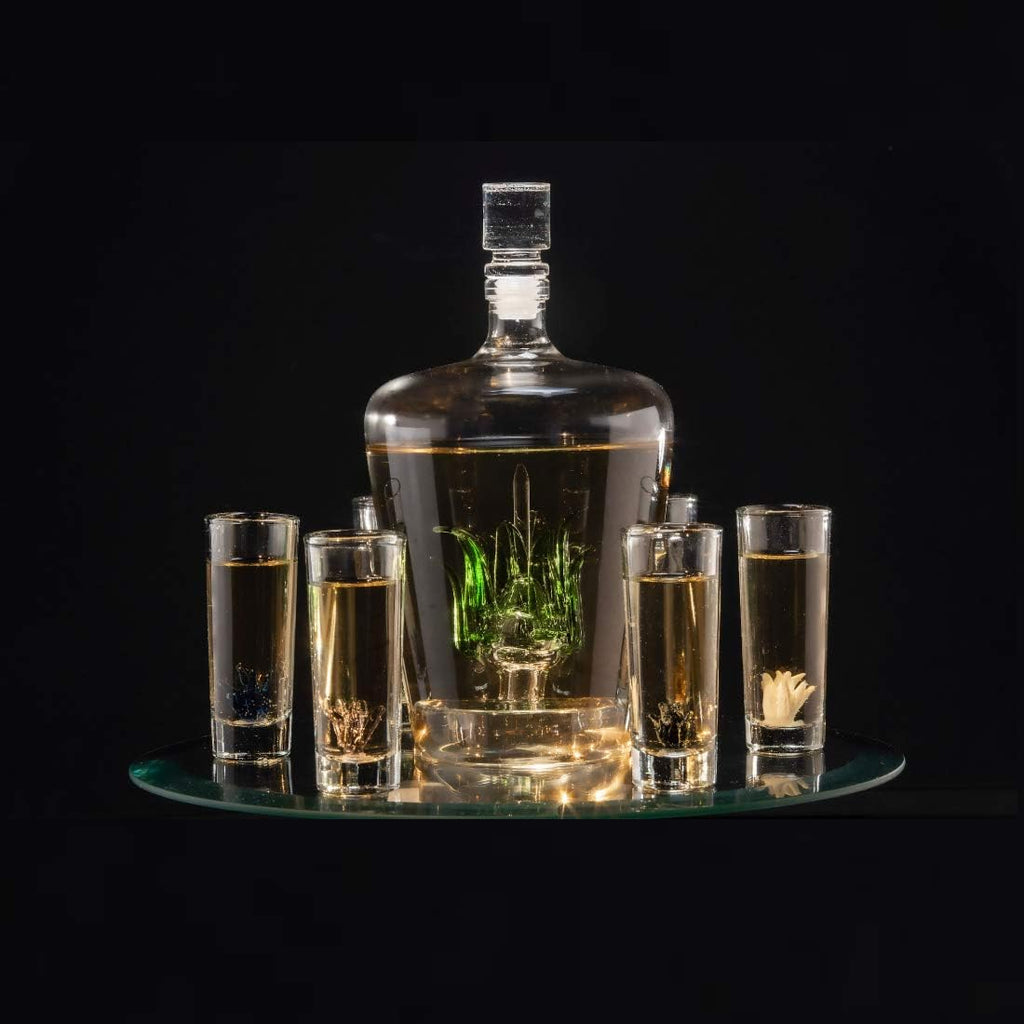 Artisan crafted glass tequila decanter with agave plant inside and six matching sipping shot glasses — view 2