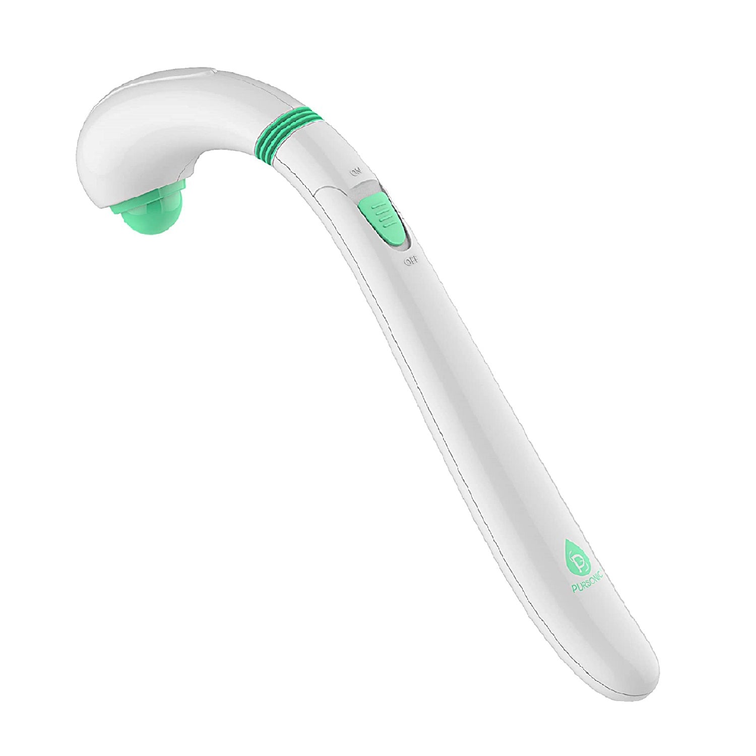 White portable handheld massager with ergonomic curved handle and dual speed control settings — view 3