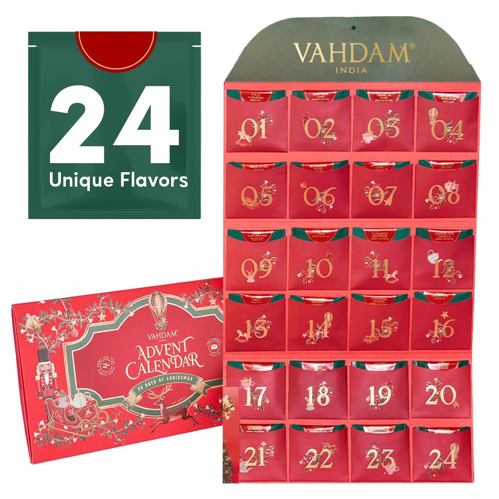 VAHDAM Christmas tea gift set advent calendar featuring 24 premium loose leaf tea flavor boxes