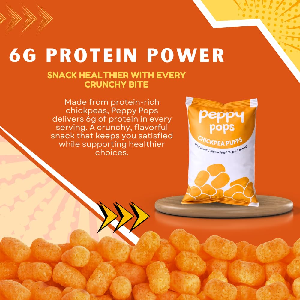 Peppy Pops chickpea puffs in firecracker flavor, six individual bags of spicy high protein savory snacks — view 5