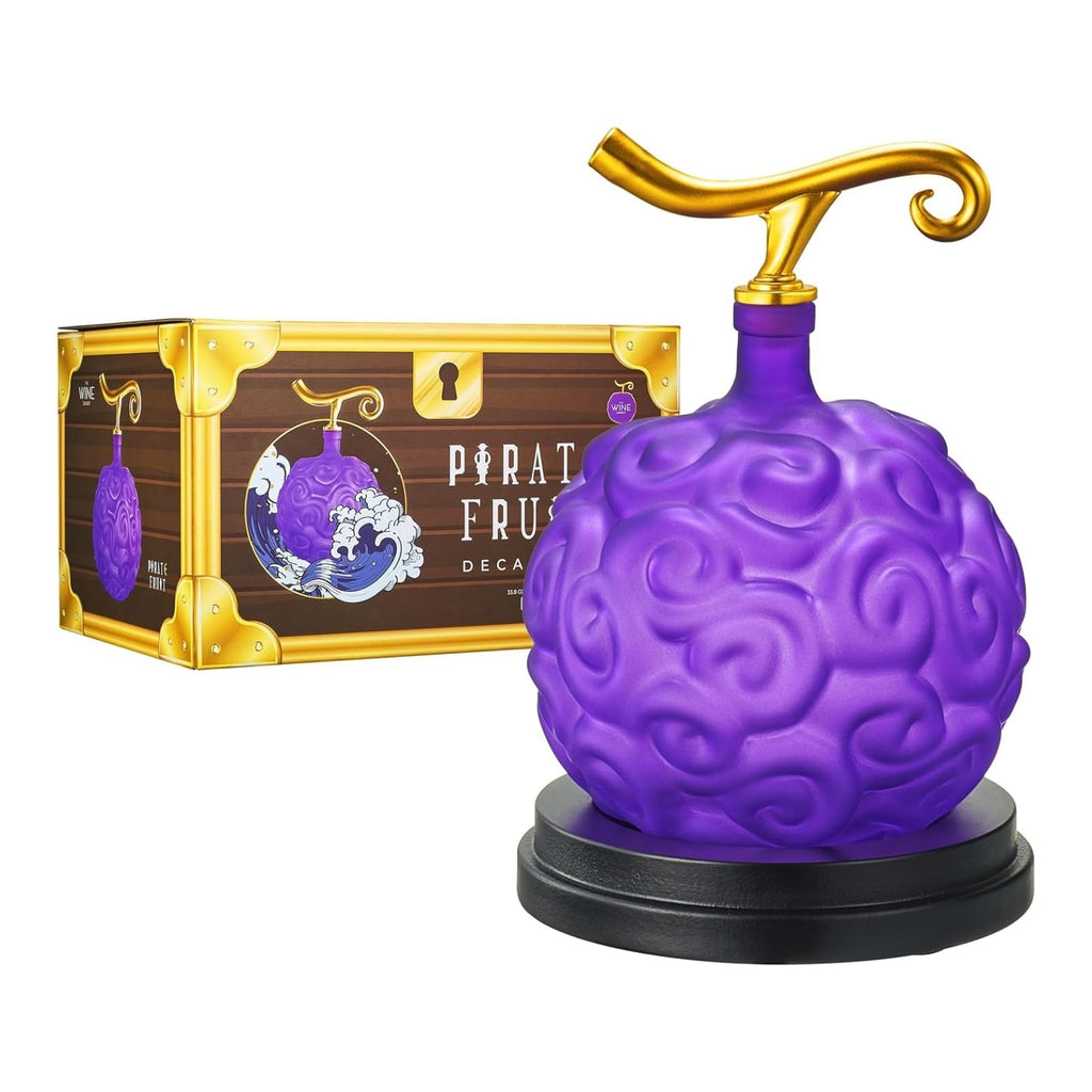 Purple devil fruit whiskey decanter with gold stem on a polished mahogany wood base