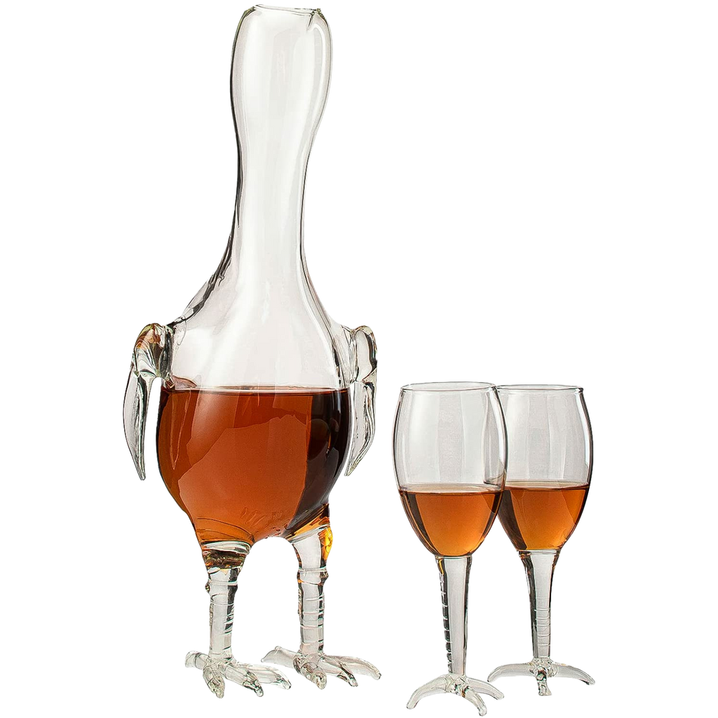 Handblown clear glass rooster shaped whiskey decanter set with colored accents, 500ml capacity