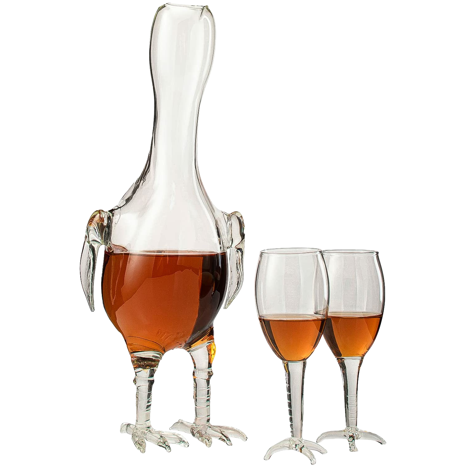 Handblown clear glass rooster shaped whiskey decanter set with colored accents, 500ml capacity