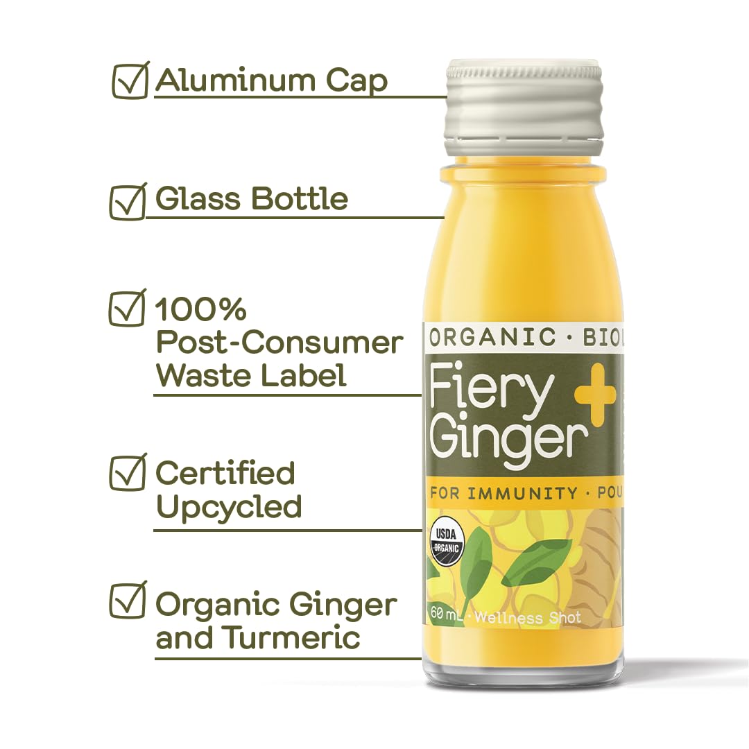 12-pack of organic fiery ginger and turmeric wellness shots in portable pocket-sized glass bottles — view 3