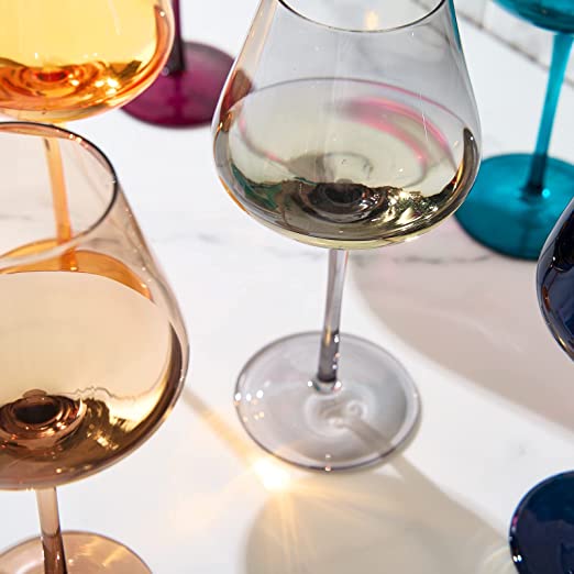 Six jewel colored 20oz stemmed wine glasses in butterscotch teal amethyst amber rose and blue — view 5