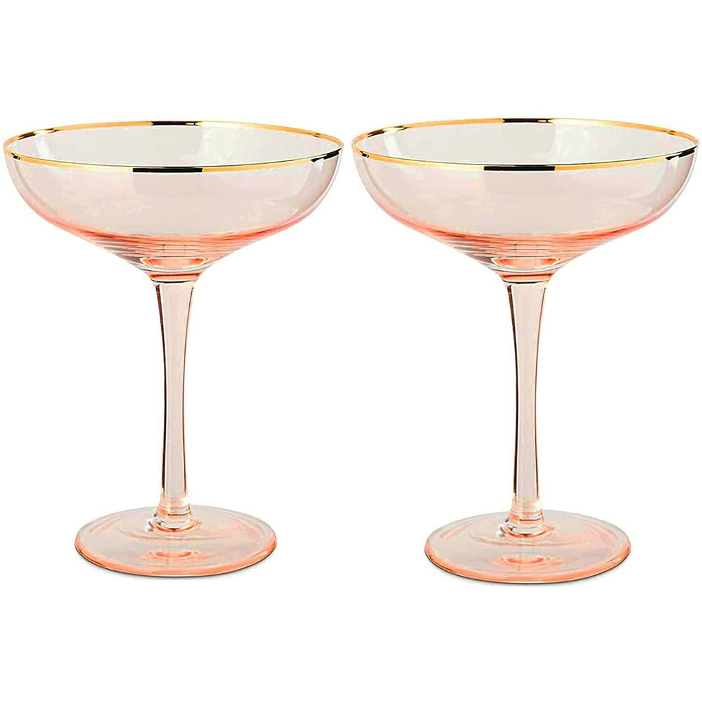 Set of two blush pink stemless coupe glasses with gold gilded rims and bubble design. — view 5