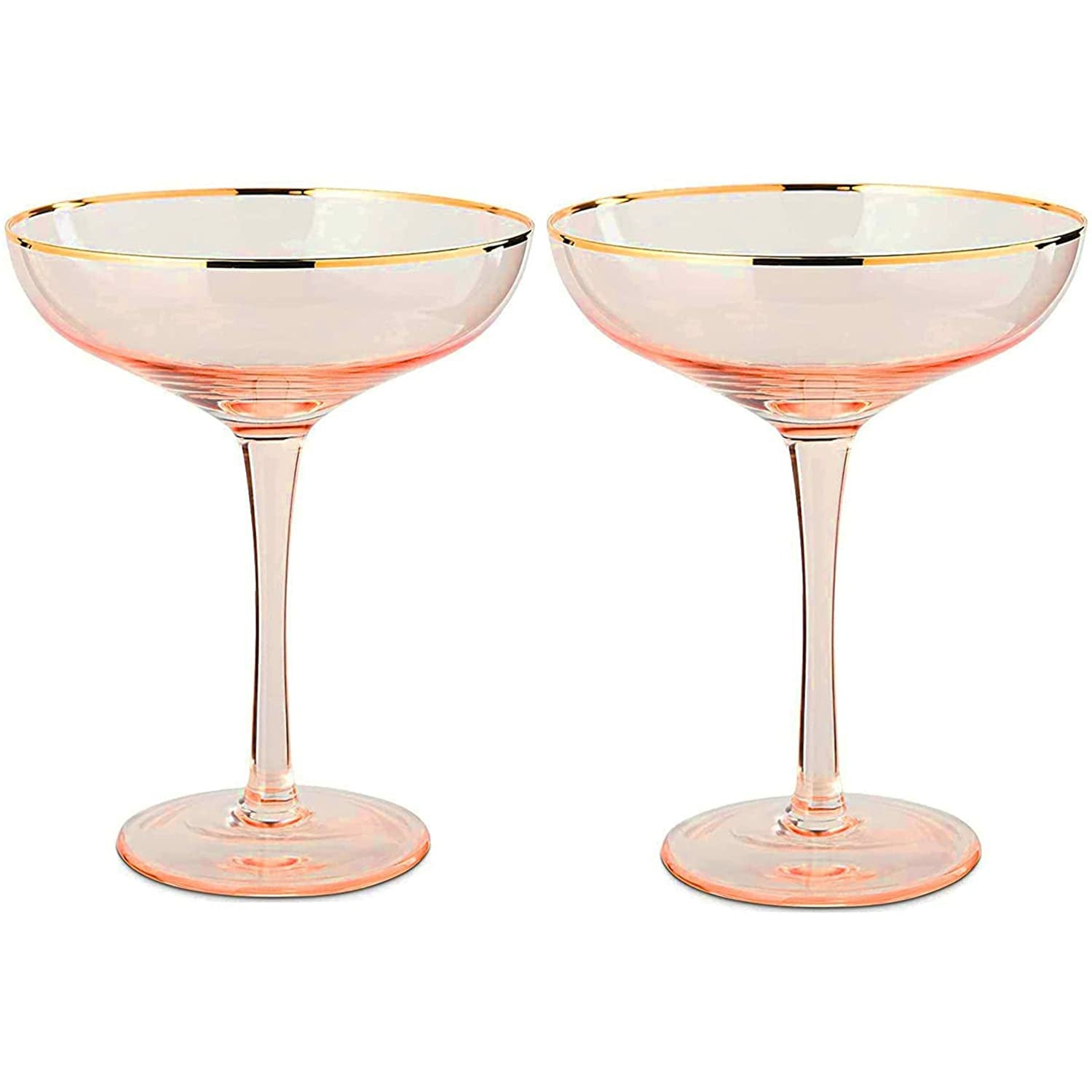 Set of two blush pink stemless coupe glasses with gold gilded rims and bubble design. — view 5