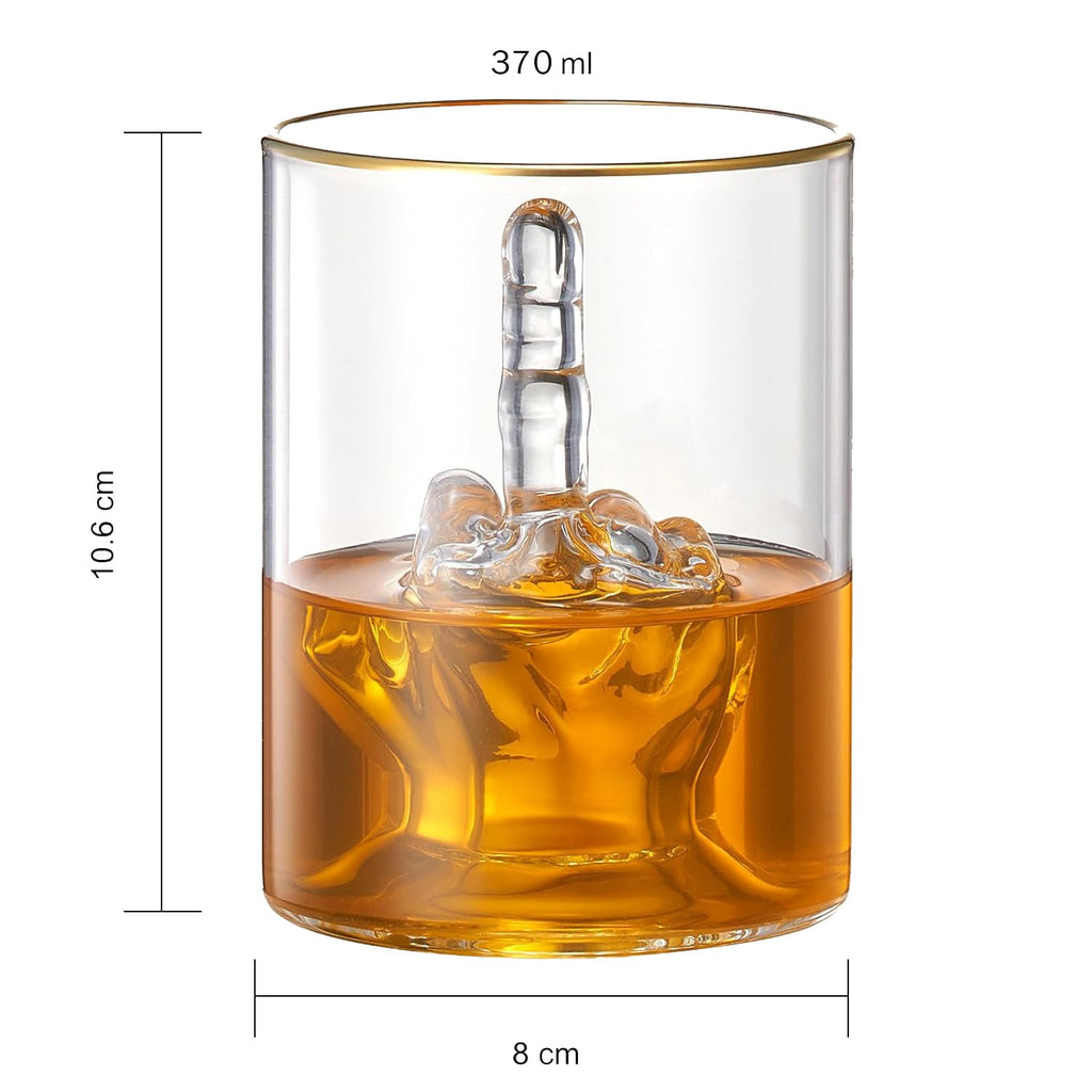 Clear 12.5 oz novelty middle finger whiskey glass sitting on a home bar counter — view 5
