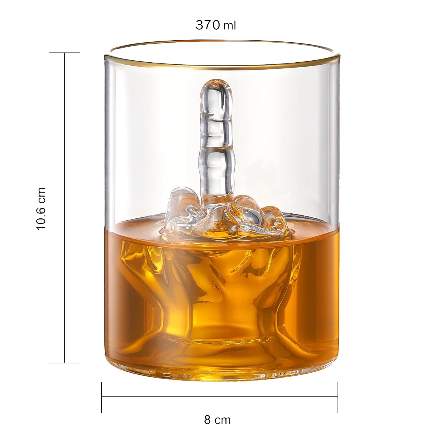 Clear 12.5 oz novelty middle finger whiskey glass sitting on a home bar counter — view 5
