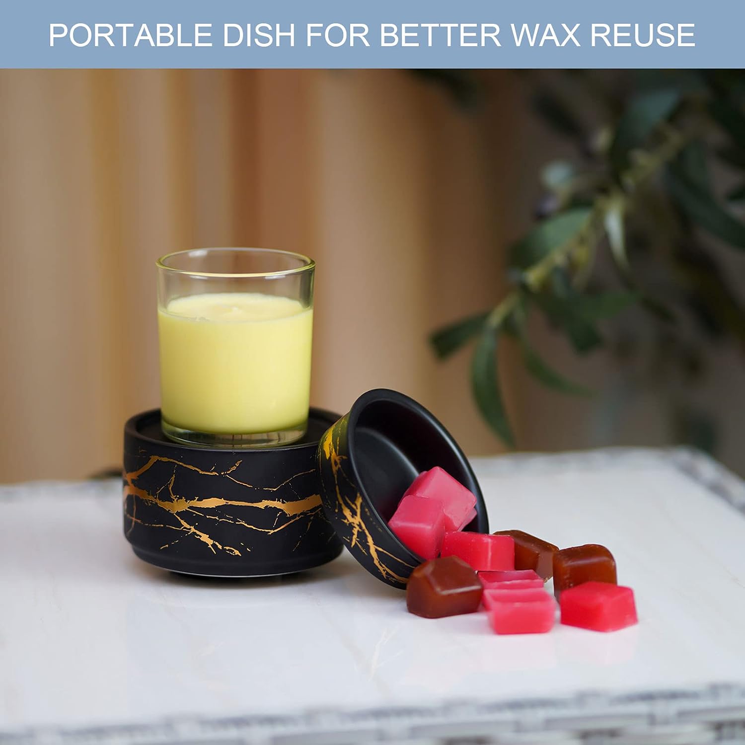 Black and gold ceramic 3-in-1 electric wax warmer and oil burner with removable melting dish — view 5