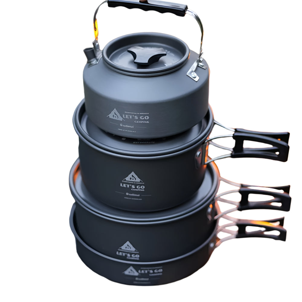 Black 4-piece aluminum camping cookware set including a cooking pot, frying pan, and portable kettle