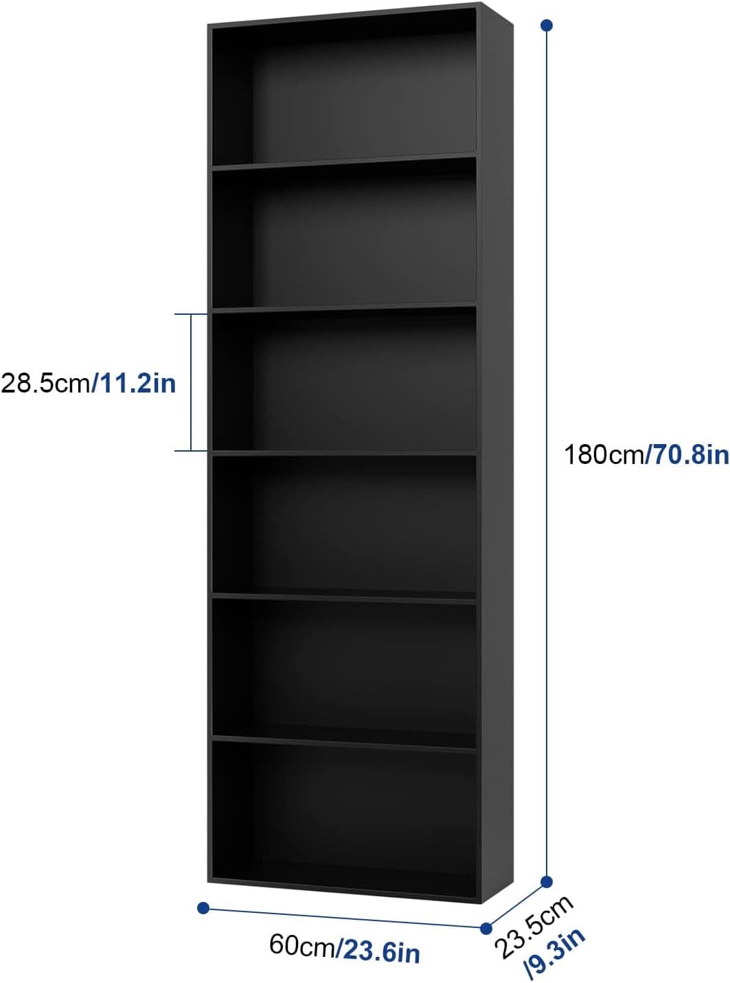 Tall six tier black open bookcase freestanding shelving unit with modern home decor — view 3