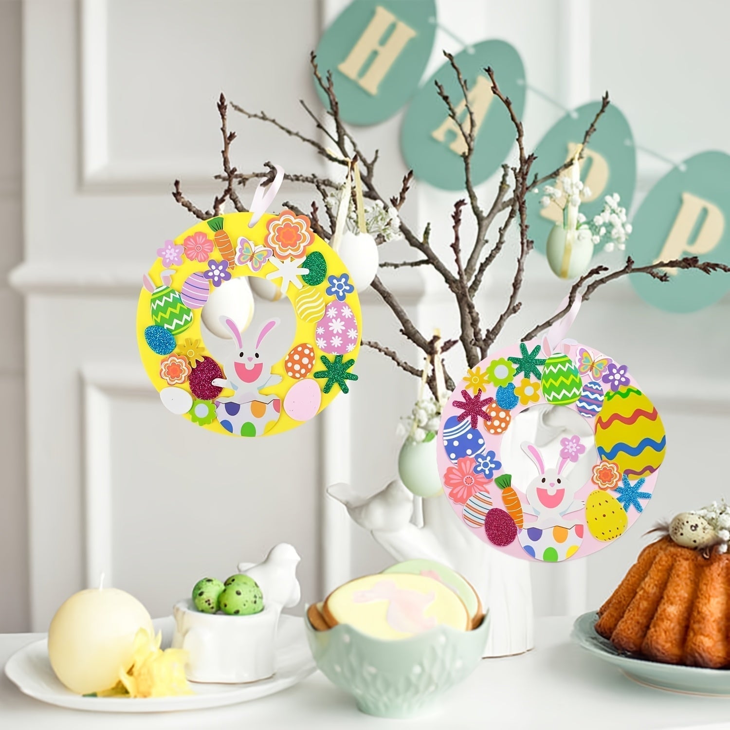 8-piece DIY Easter wreath craft kit with festive bunny and egg decorations for home display — view 2