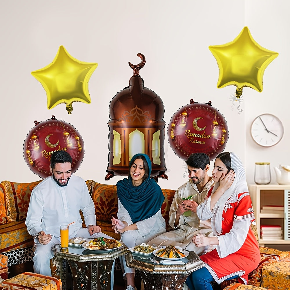 Five-piece Ramadan and Eid aluminum foil balloon set featuring moon, star, and lighthouse shapes. — view 2