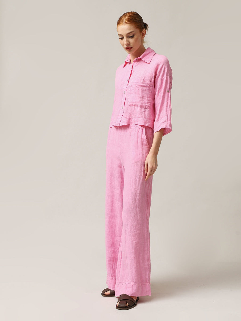 Women's pink pure linen trousers tailored in Italy for a premium capsule collection — view 2