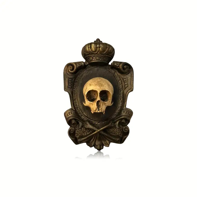 Vintage gothic skull head wall hanging pendant made of intricately carved durable beige resin