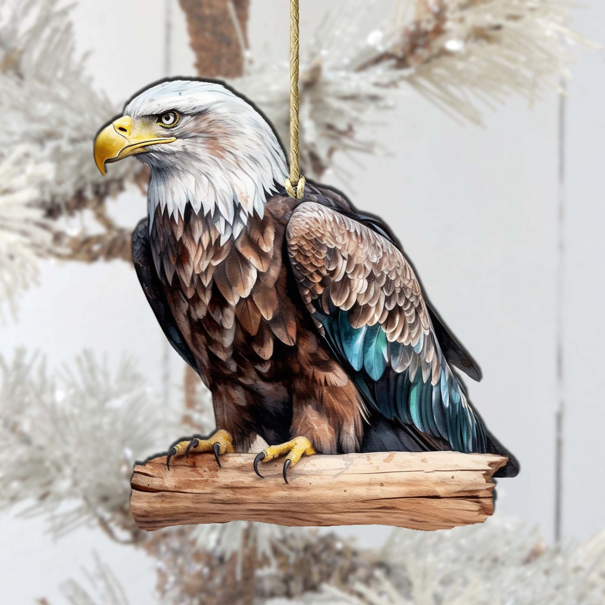 Bald eagle painted on a rustic round birch plywood wooden Christmas holiday ornament — view 4