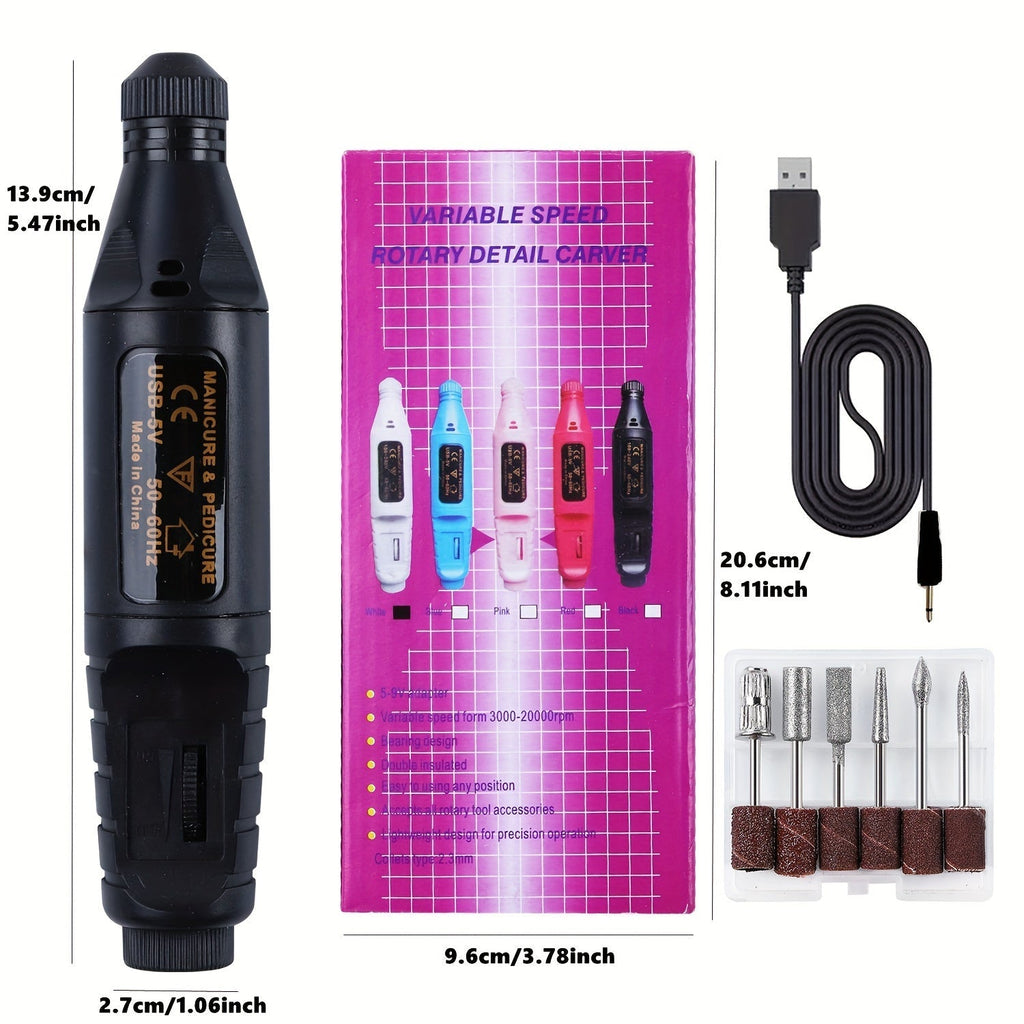 Electric nail drill kit in black with USB power cable for gel and acrylic removal — view 2
