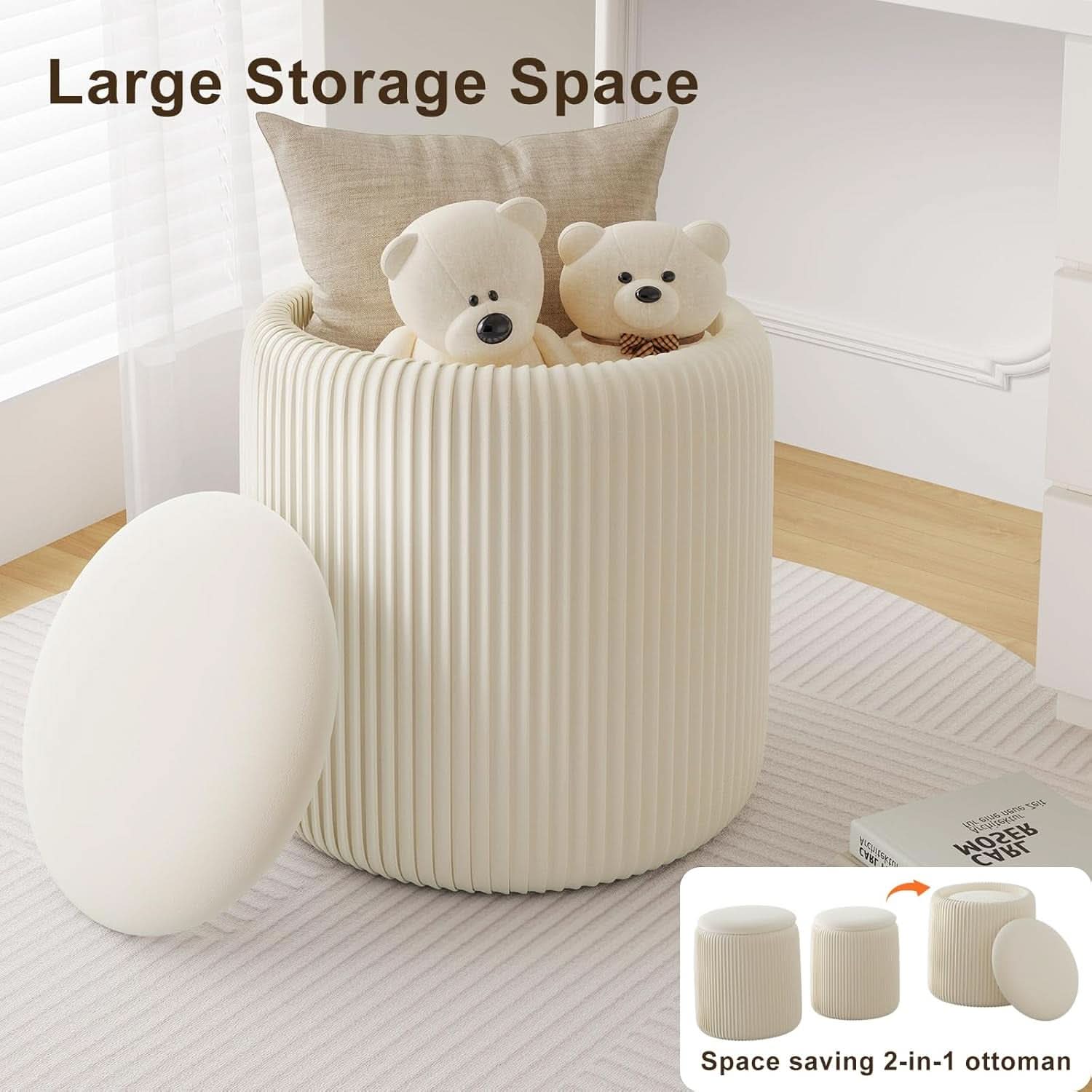 White velvet storage ottoman vanity set with reversible wooden coffee table lid and nesting design — view 4