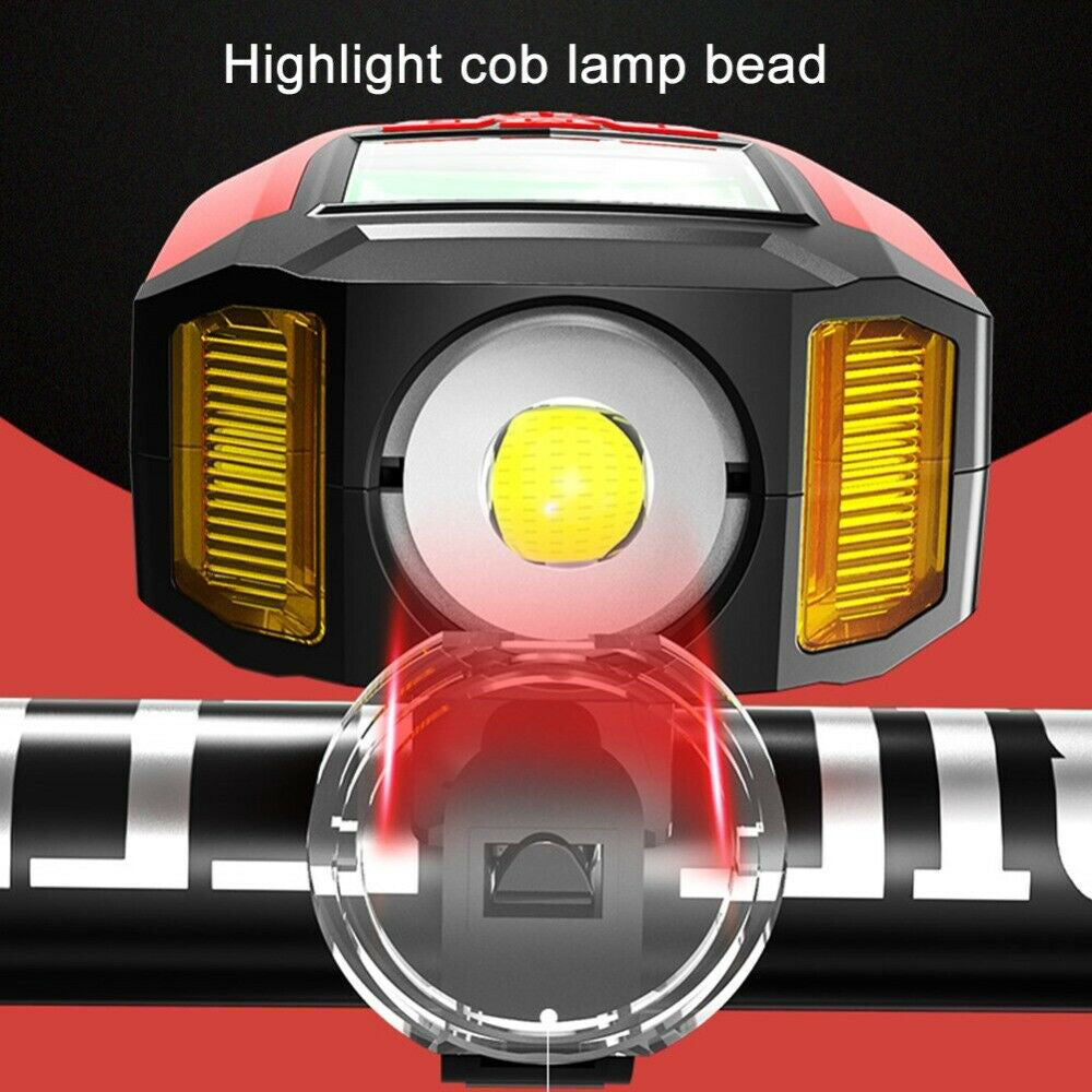 Black LED bicycle headlight with LCD speedometer screen and horn attachment for safe outdoor cycling — view 2