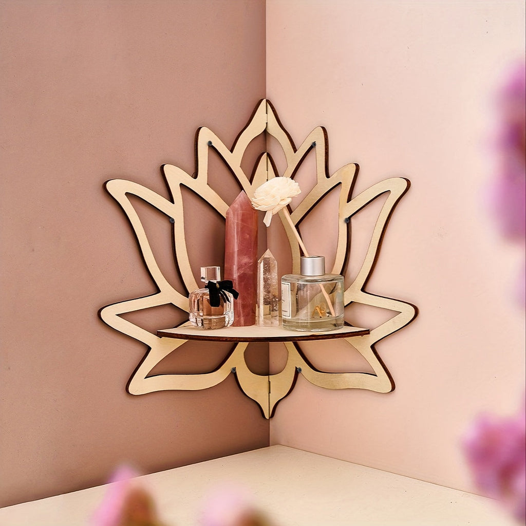 Lotus wall-mounted display rack, painted wooden shelf for small home decor and art pieces — view 5