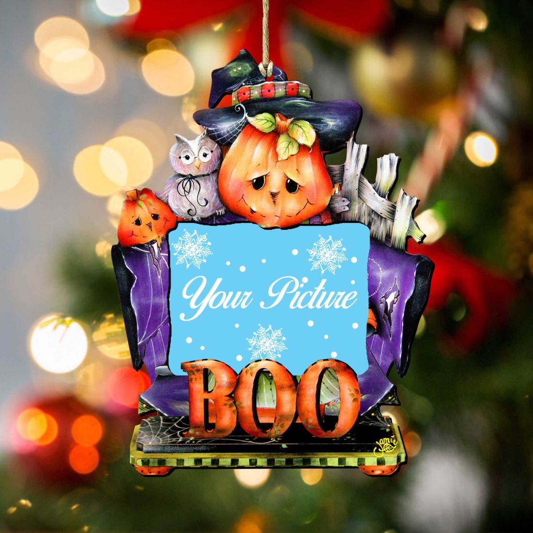Handcrafted wooden Halloween picture frame ornament featuring spooky artwork for a 4x2 photo