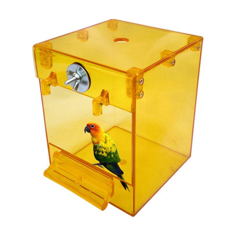 Transparent acrylic bird bath cage accessory for small parrots and finches, featuring a perch — view 3