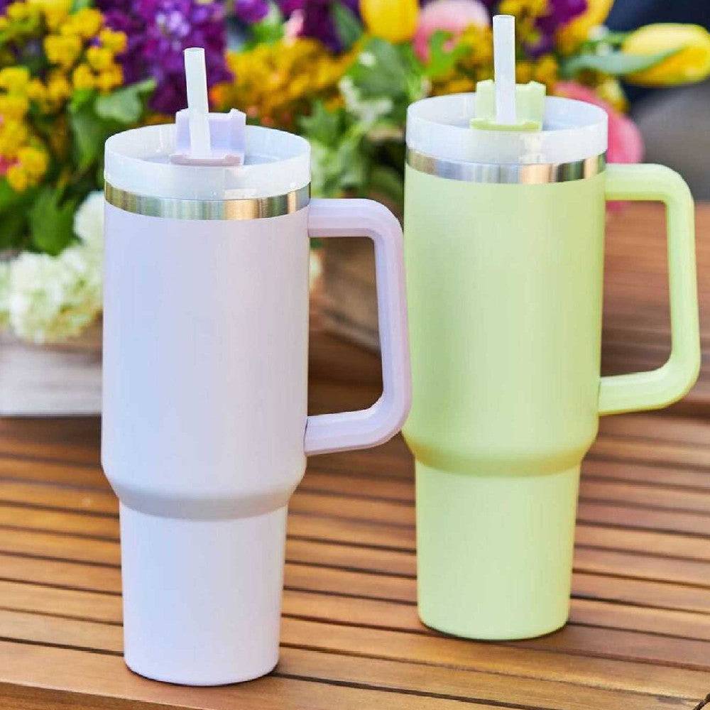 Large 40 oz stainless steel insulated travel mug with side handle and drinking straw lid — view 2