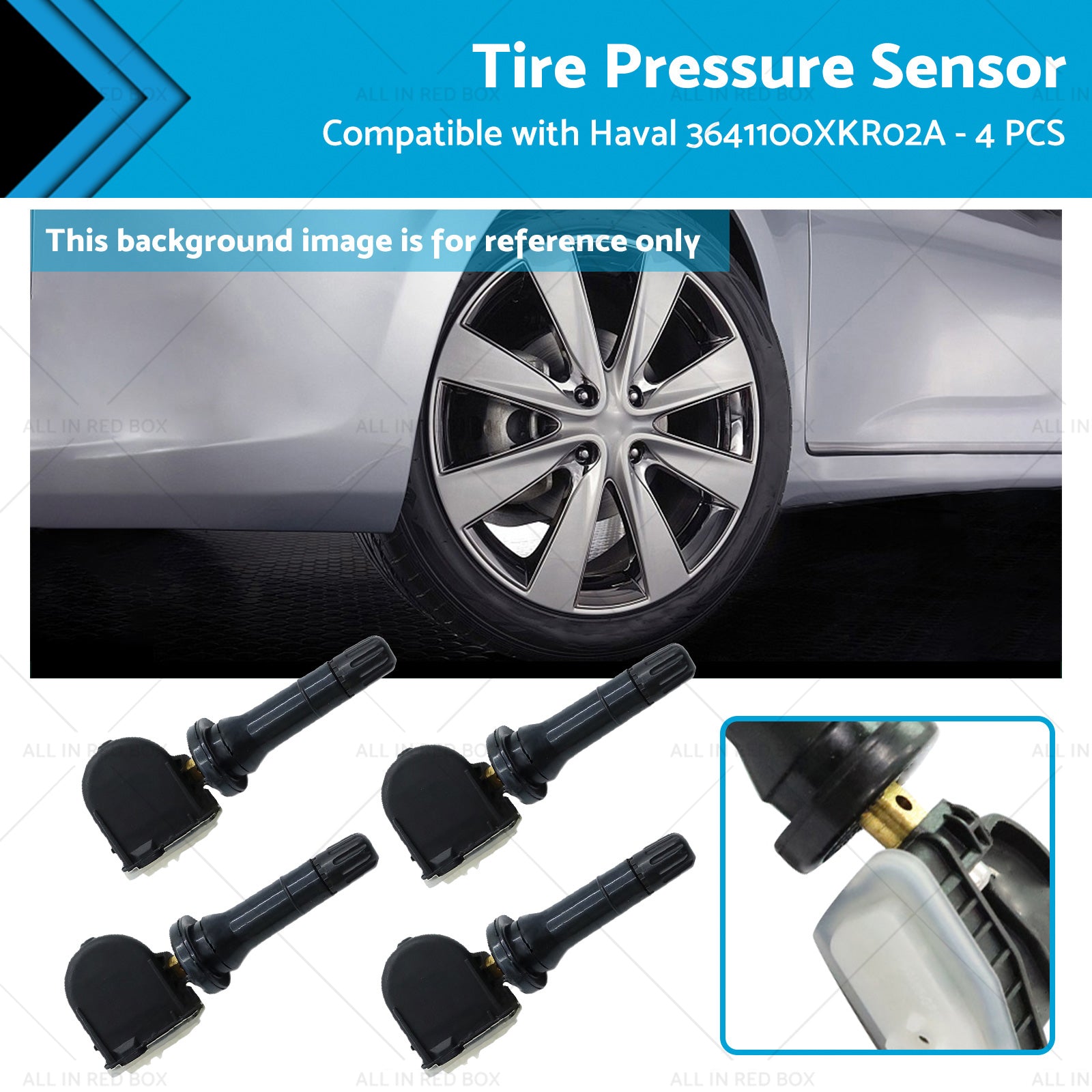 Four black metal and plastic tire pressure monitoring sensors for vehicle wheels