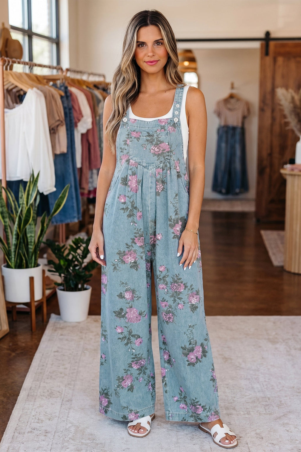 Olivia waist wide leg jumpsuit in vintage washed blue denim with adjustable shoulder straps